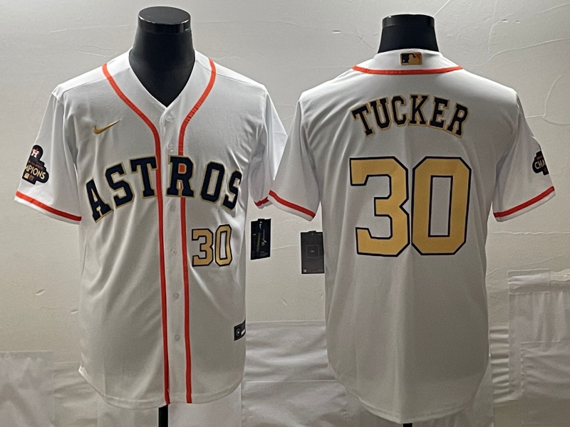 Men's Houston Astros #30 Kyle Tucker White 2023 Gold Collection With World Serise Champions Patch Cool Base Stitched Baseball Jersey